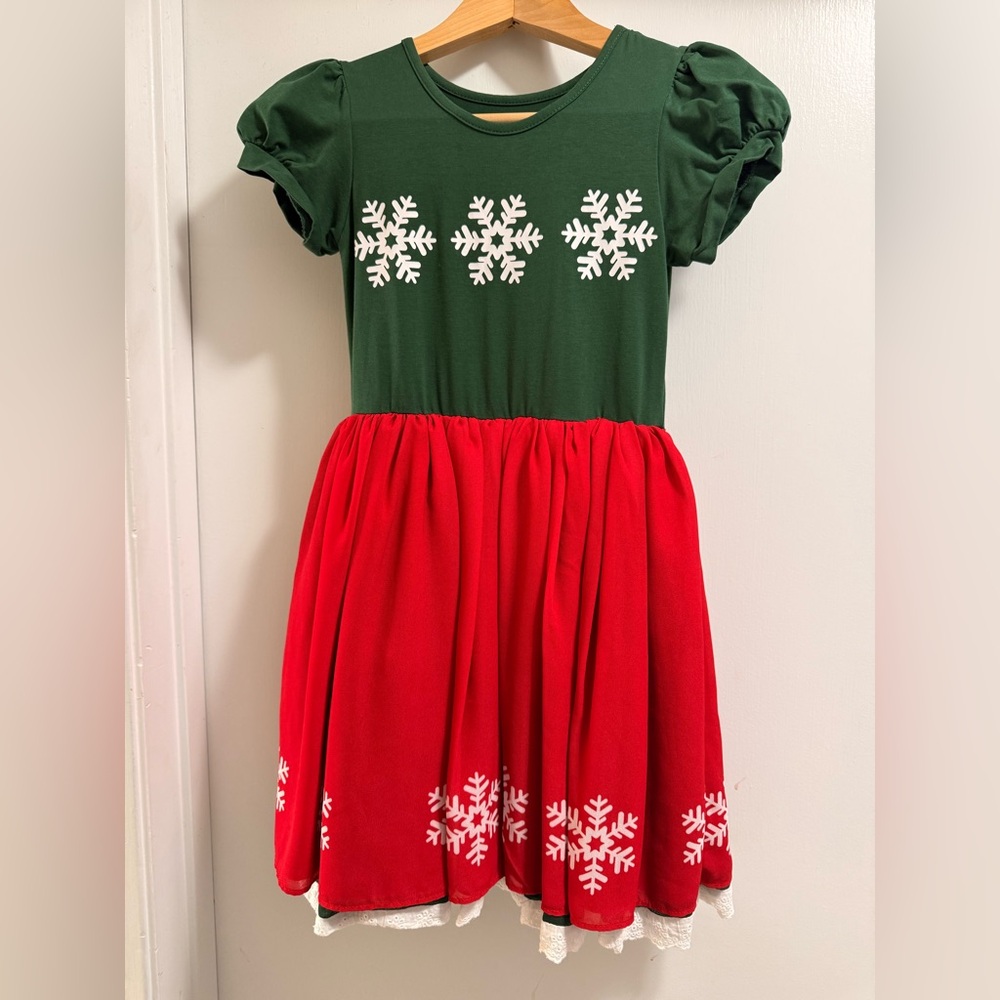 Charming Green and Red Kids Dress with Snowflake Pattern